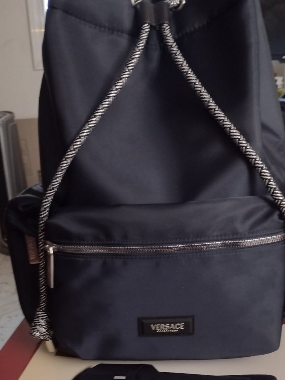 Versace Unisex Backpack Black designer Streetwear Greca key bag